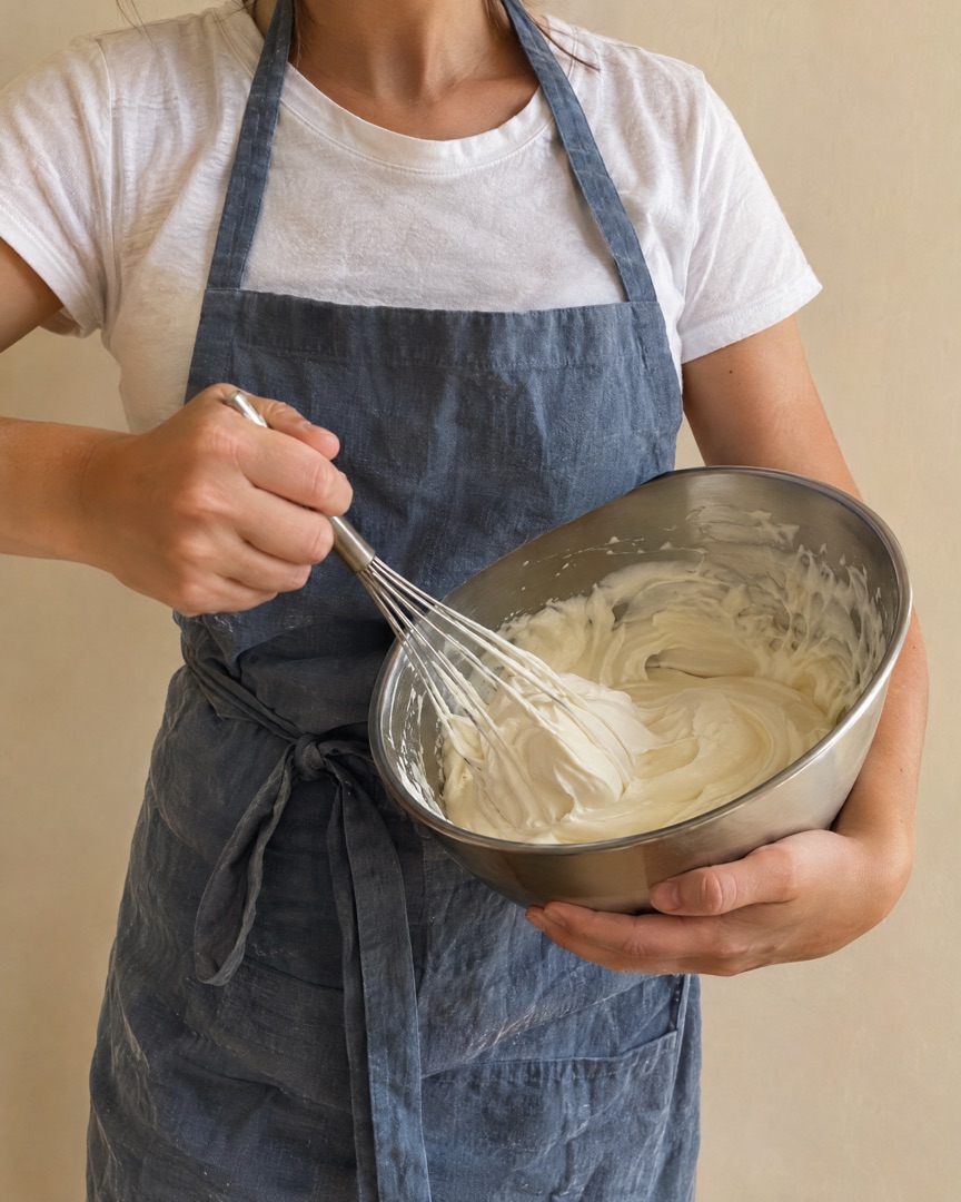 Baker in a linen apron whisking cream in a steel bowl