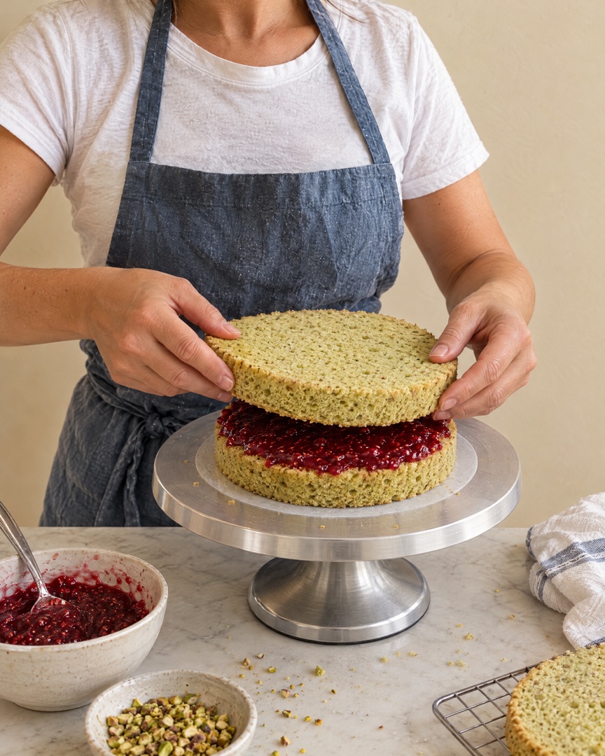 Stacking sponge layers with raspberry jam on a turntable