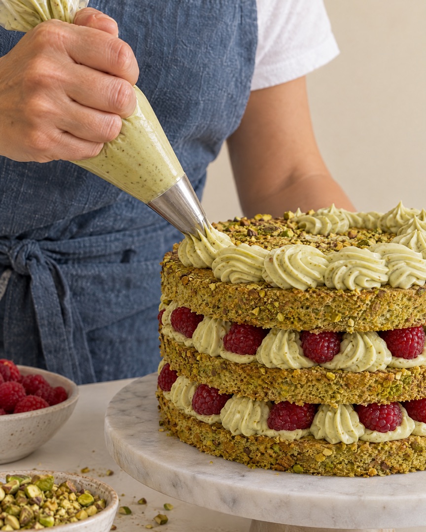 Piping pistachio cream between the layers