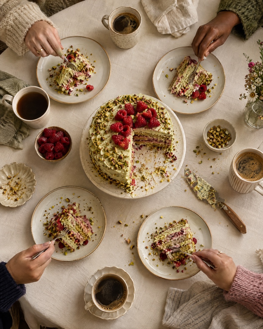 Friends' hands reaching in with forks for slices of the cake