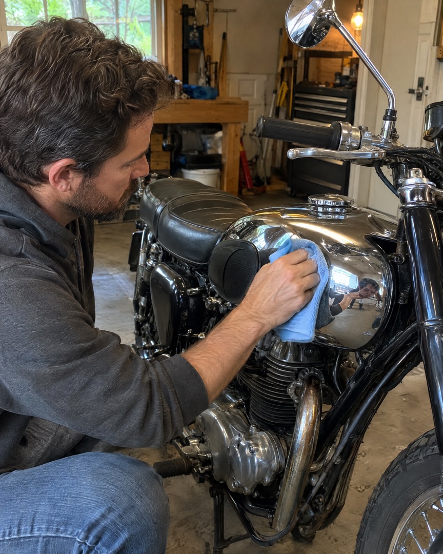 Polishing a vintage motorcycle