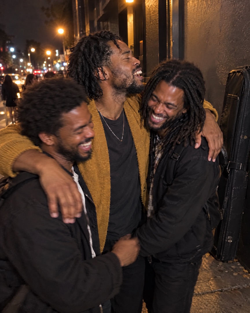 Hugging friends outside the venue after the show
