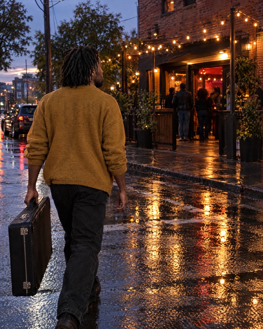 Carrying the keyboard case across a wet street to the venue at dusk