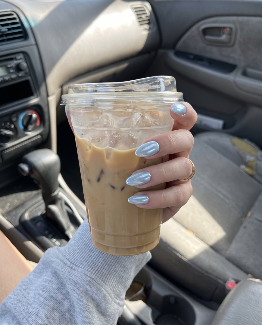 Icy blue chrome with iced coffee