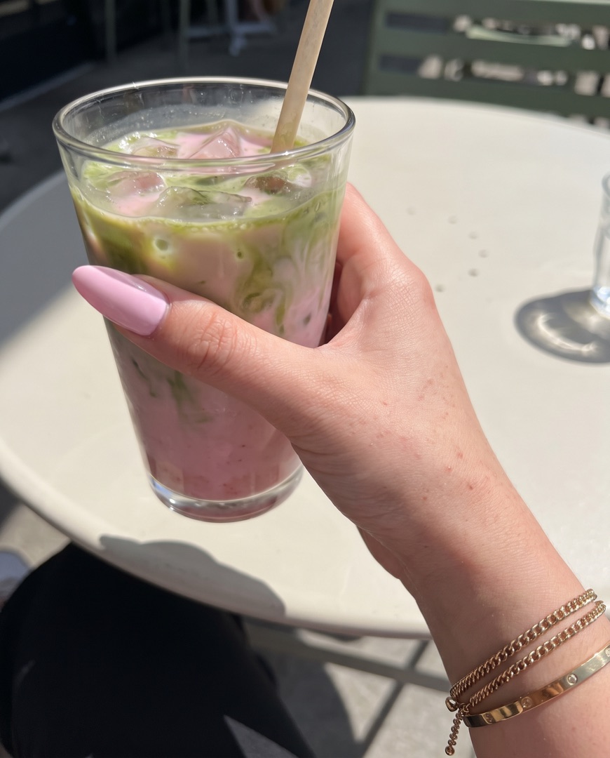 Baby pink nails with a strawberry matcha