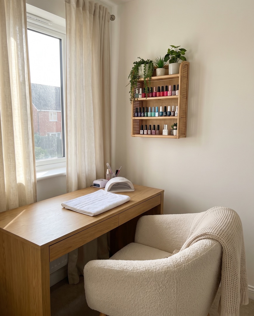 Cosy home nail studio in a bright spare room