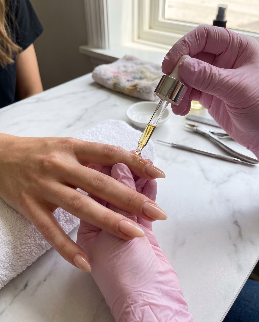 Technician in pink gloves applying cuticle oil
