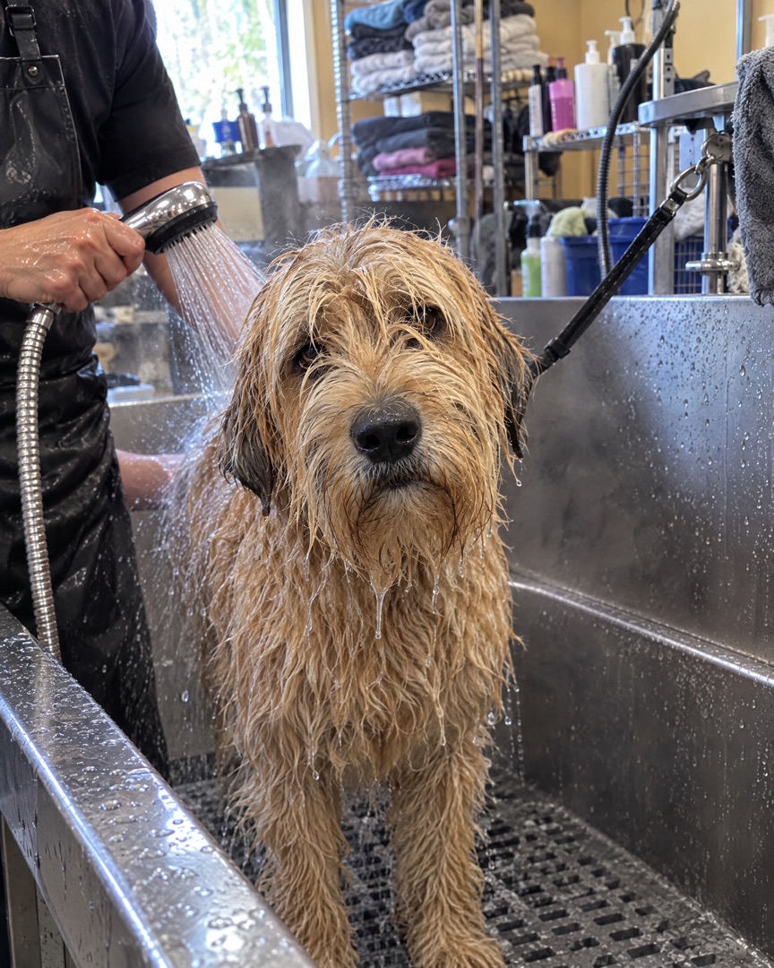 The terrier mix soaked and unimpressed in the salon bathtub