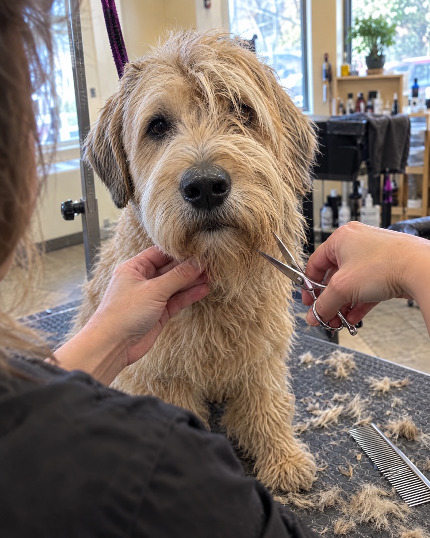 Groomer scissoring the terrier mix's face, clippings on the table